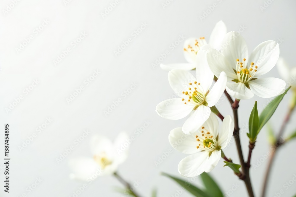 Delicate white flower blossoms against pure white backdrop, light, spring Delicate white flower blossoms against pure white backdrop, light, spring