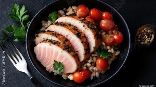 Grilled fish with rice and cherry tomatoes