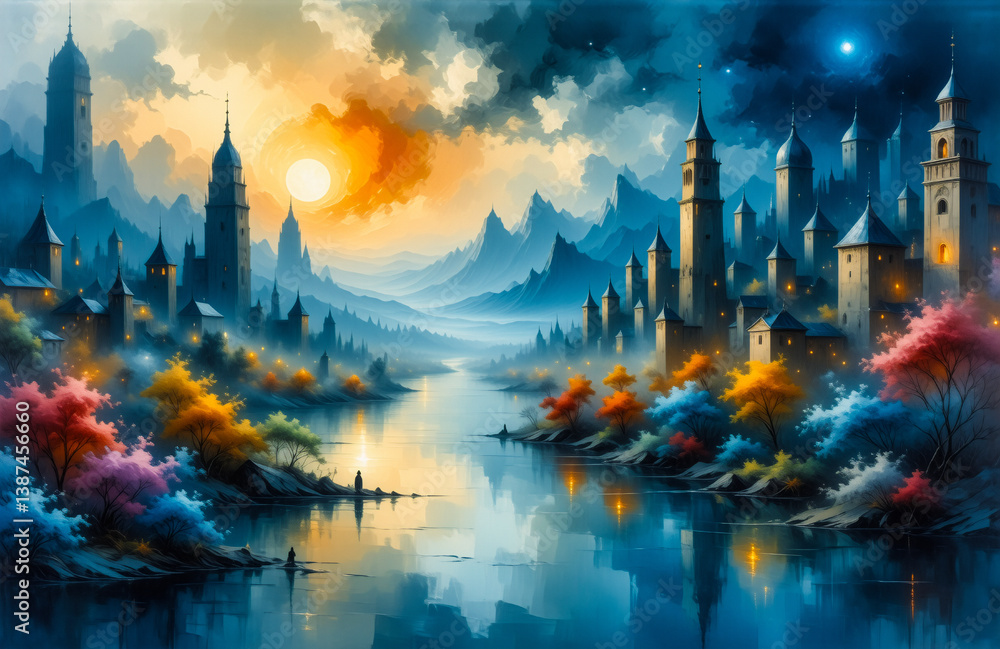 Obraz premium A vibrant landscape showcases a city nestled by a river, framed by mountains under a colourful sky with a radiant sun, creating a serene and picturesque fantasy vista.