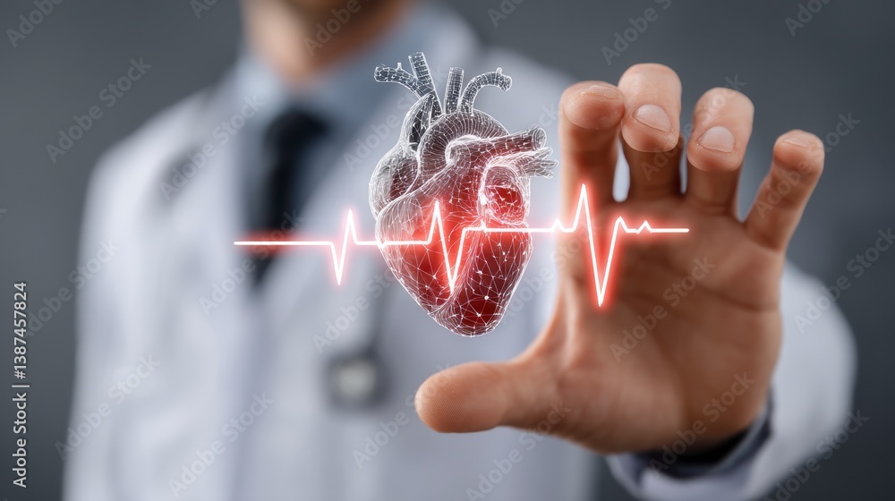 Doctor interacting with a digital 3D model of a human heart and its EKG rhythm, shown in red and white against a gray background.