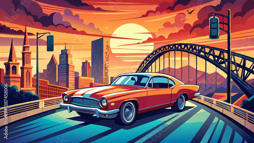 classic car transportation driving across bridge in Nashville Tennessee at sunset
