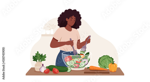 Woman Joyfully Preparing a Salad with Fresh Vegetables - Image FX  