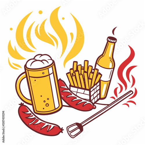 Barbecue Themed Illustration With Sausages Fries Beer Bottle And Grilling Tool