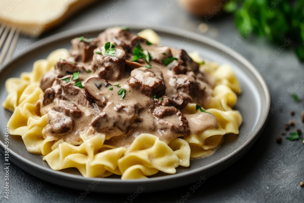 Front view of a plate of beef stroganoff with creamy mushroom sauce over egg noodles clean and professional composition, copy space, natural color, minimalism, stock photography Front view of a plate of beef stroganoff with creamy mushroom sauce over egg noodles clean and professional composition, copy space, natural color, minimalism, stock photography