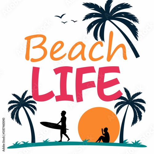 Colorful Beach Life Illustration With Palm Trees Surfer And Vacationers Design