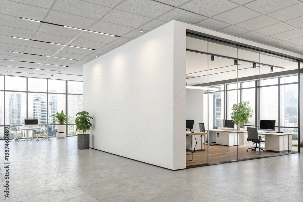 Fototapeta premium Blank white wall mockup in a modern office interior. 3D Rendering