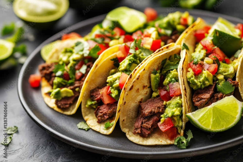 Side view of a plate of beef tacos with fresh guacamole and lime wedges clean and professional composition, copy space, natural color, minimalism, stock photography Side view of a plate of beef tacos with fresh guacamole and lime wedges clean and professional composition, copy space, natural color, minimalism, stock photography