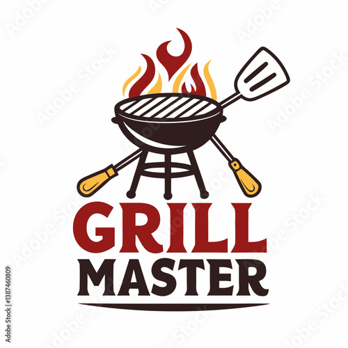 Grill Master Logo Design With Bbq Grill Fire And Spatula Illustration