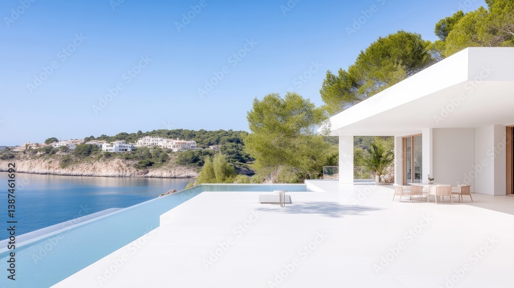 Fototapeta premium A modern, white villa features an infinity pool overlooking a calm sea. The minimalist design includes outdoor seating. High-resolution, bright lighting enhances the clean aesthetic. The image evok