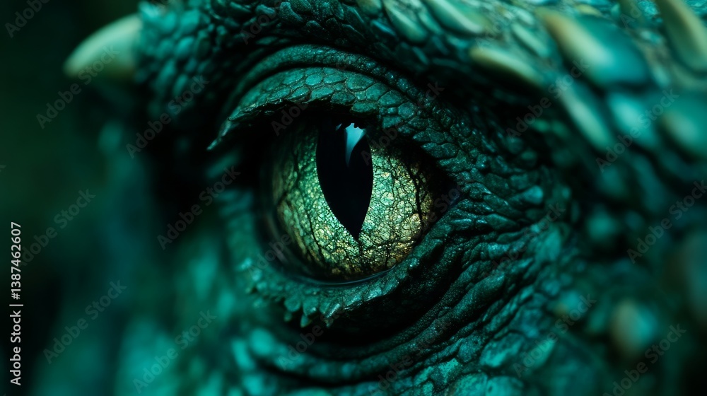 Obraz premium A delicate arrangement of intertwined reptilian scales surrounding a dazzling teal eye, embodying the concept of precise fragility and the awe-inspiring beauty of fauna
