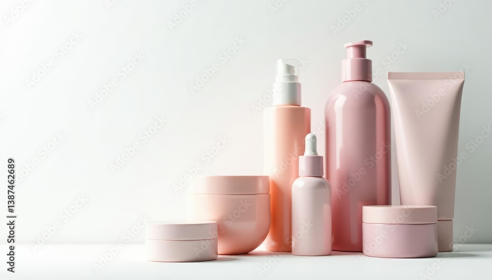 Various cosmetic containers against white backdrop, cosmetics, lotion Various cosmetic containers against white backdrop, cosmetics, lotion