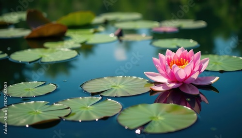 Water lilies forming a floral pattern on a still lake, summer, pink