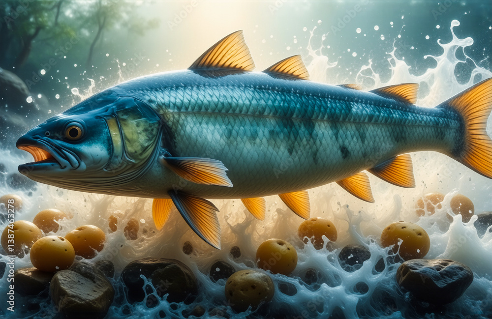 A large fish leaps from splashing water, amidst yellow fruits, creating foamy swirls and a dynamic scene. A large fish leaps from splashing water, amidst yellow fruits, creating foamy swirls and a dynamic scene.