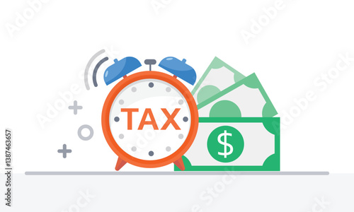 Tax activities and money icon collection with colorful cartoon style including coin, dollar bill and saving. Flat vector illustration.