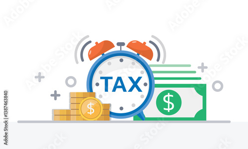 Tax activities and money icon collection with colorful cartoon style including coin, dollar bill and saving. Flat vector illustration.