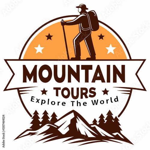 Mountain Tours Adventure Logo Featuring Hiker And Scenic Landscape Symbolizing Travel And Exploration