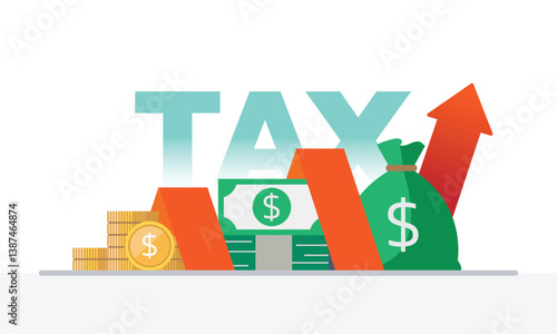 Tax activities and money icon collection with colorful cartoon style including coin, dollar bill and saving. Flat vector illustration.