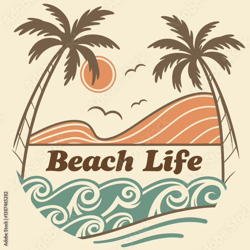 Retro Beach Life Illustration With Palm Trees Waves And Sunset