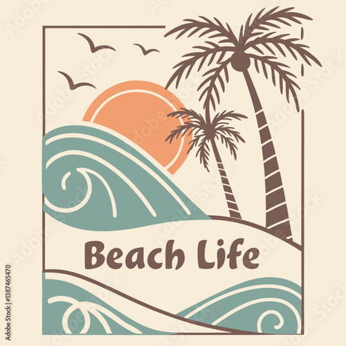 Wallpaper Mural Vintage Beach Life Illustration With Palm Trees Sunset And Ocean Waves Torontodigital.ca