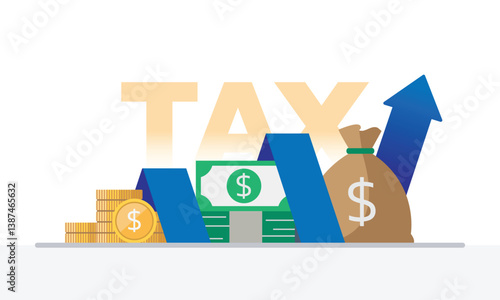 Tax activities and money icon collection with colorful cartoon style including coin, dollar bill and saving. Flat vector illustration.