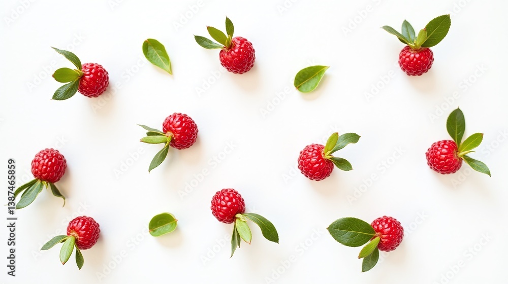 Ripe raspberries arranged symmetrically on a white surface. Ripe raspberries arranged symmetrically on a white surface.