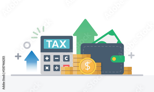 Tax activities and money icon collection with colorful cartoon style including coin, dollar bill and saving. Flat vector illustration.