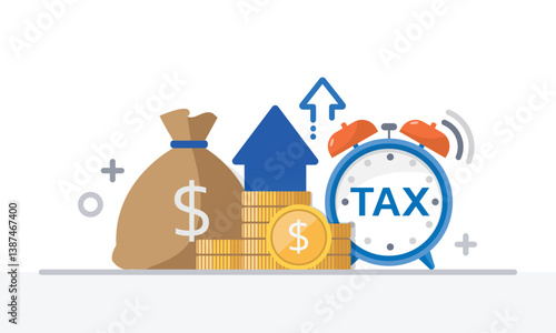 Tax activities and money icon collection with colorful cartoon style including coin, dollar bill and saving. Flat vector illustration.
