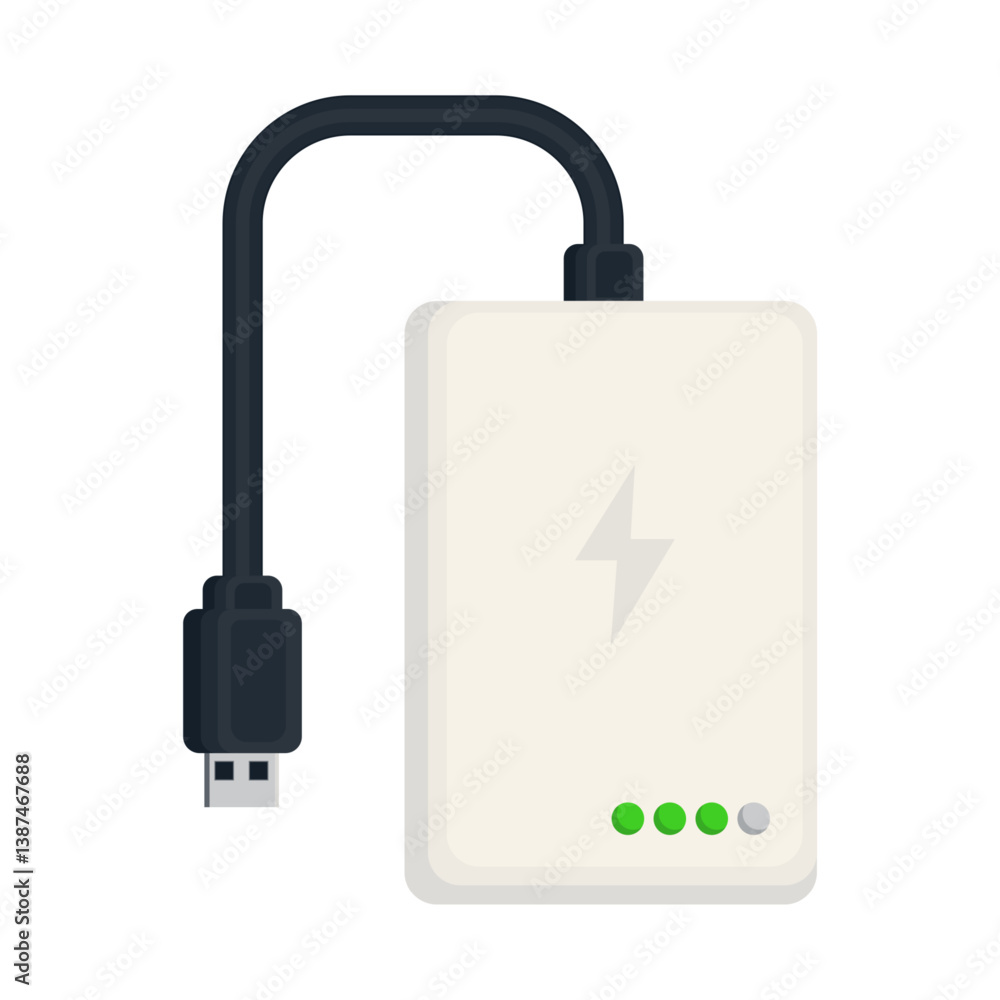 Portable Power Bank with USB Cable and Battery Indicator Vector Illustration Image Portable Power Bank with USB Cable and Battery Indicator Vector Illustration Image