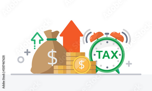 Tax activities and money icon collection with colorful cartoon style including coin, dollar bill and saving. Flat vector illustration.