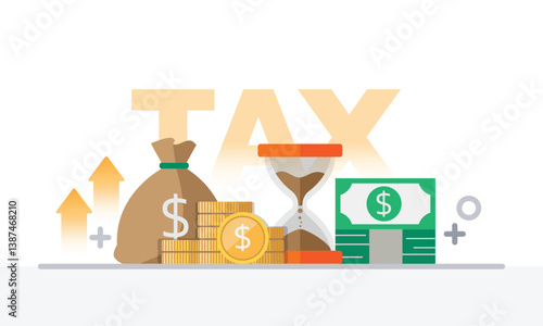 Tax activities and money icon collection with colorful cartoon style including coin, dollar bill and saving. Flat vector illustration.