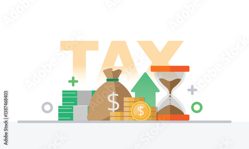Tax activities and money icon collection with colorful cartoon style including coin, dollar bill and saving. Flat vector illustration.