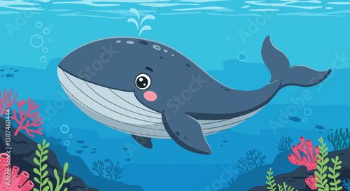 Cartoon whale swimming happily in coral reef underwater  