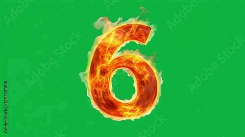 Fire number 6 on green screen background