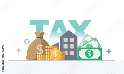 Tax activities and money icon collection with colorful cartoon style including coin, dollar bill and saving. Flat vector illustration.