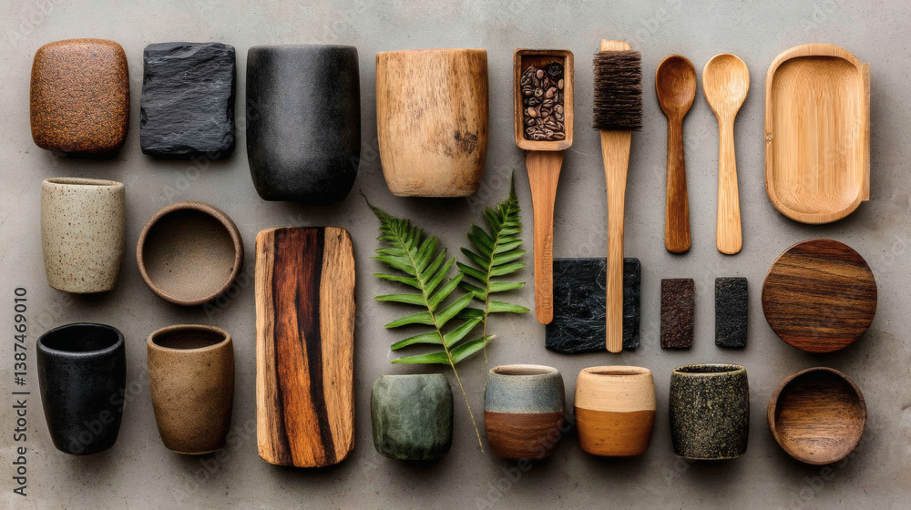 A collection of natural materials, including various cups, utensils, and decorative elements, artfully arranged on a textured surface. A collection of natural materials, including various cups, utensils, and decorative elements, artfully arranged on a textured surface.
