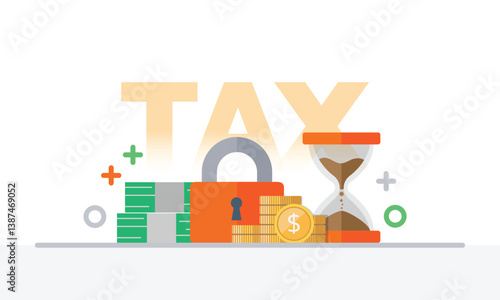 Tax activities and money icon collection with colorful cartoon style including coin, dollar bill and saving. Flat vector illustration.