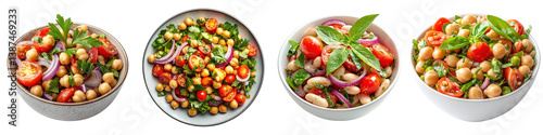Four chickpea salad variations with tomatoes and herbs.