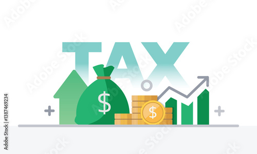 Tax activities and money icon collection with colorful cartoon style including coin, dollar bill and saving. Flat vector illustration.