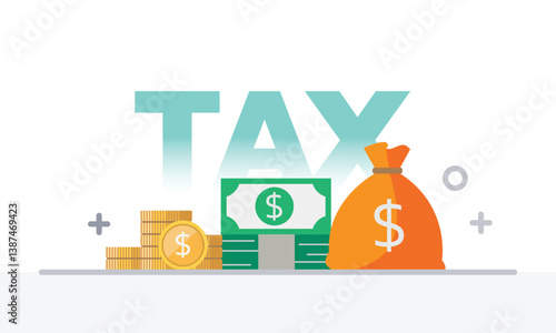 Tax activities and money icon collection with colorful cartoon style including coin, dollar bill and saving. Flat vector illustration.