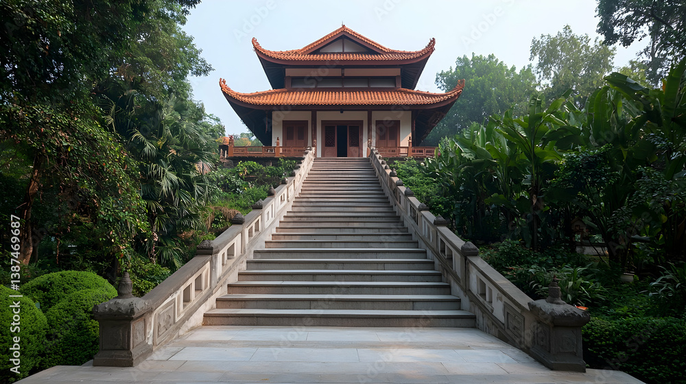 Asian Temple with Stone Staircase and Lush Greenery Asian Temple with Stone Staircase and Lush Greenery