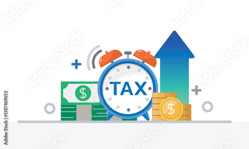 Tax activities and money icon collection with colorful cartoon style including coin, dollar bill and saving. Flat vector illustration.