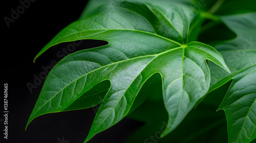 Wallpaper Mural Close-Up of a Vibrant Green Leaf with Insect Holes Against a Dark Background Torontodigital.ca