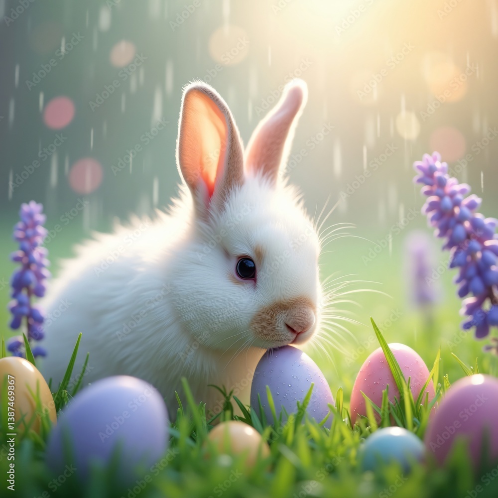Fototapeta premium Adorable Easter Bunny Rabbit in Spring Grass with Pastel Eggs