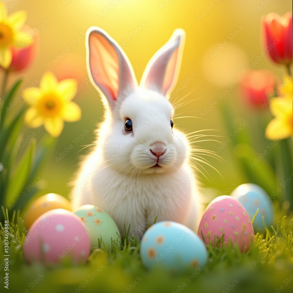 Fototapeta premium Adorable White Easter Bunny Surrounded by Colorful Easter Eggs in a Sunny Spring Garden