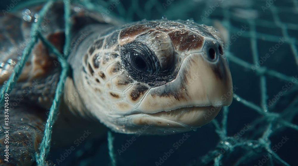 Fototapeta premium Close up of a sea turtle entangled in a fishing net underwater.