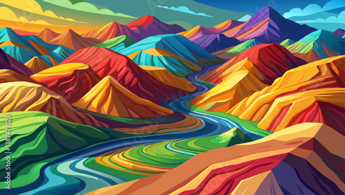 Aerial shot of rainbow mountains in soft light, showcasing vivid mineral patterns.
