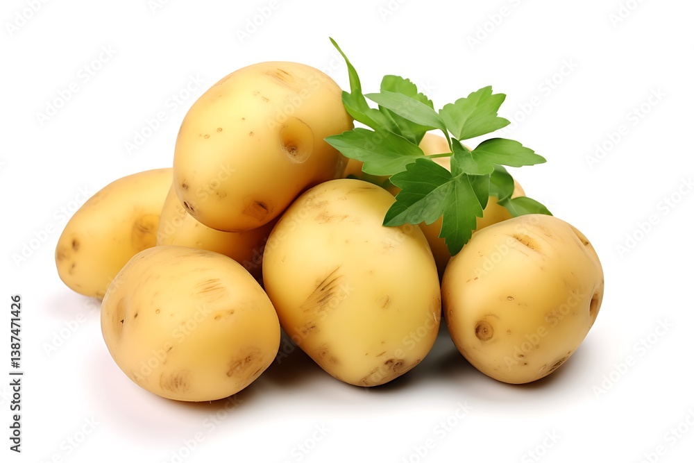 Pile of Yellow Potatoes with Green Parsley Isolated on White Background Closeup Pile of Yellow Potatoes with Green Parsley Isolated on White Background Closeup