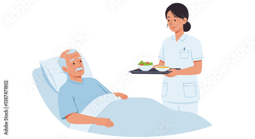 Nurse serving food to elderly patient in hospital bed with smile  