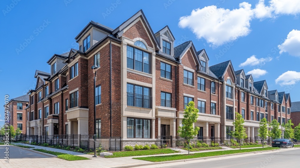 Fototapeta premium New townhouse development showing clean architectural trends in suburban area.