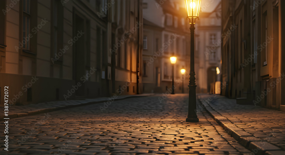 Obraz premium Empty Cobblestone Street At Night In Old European City